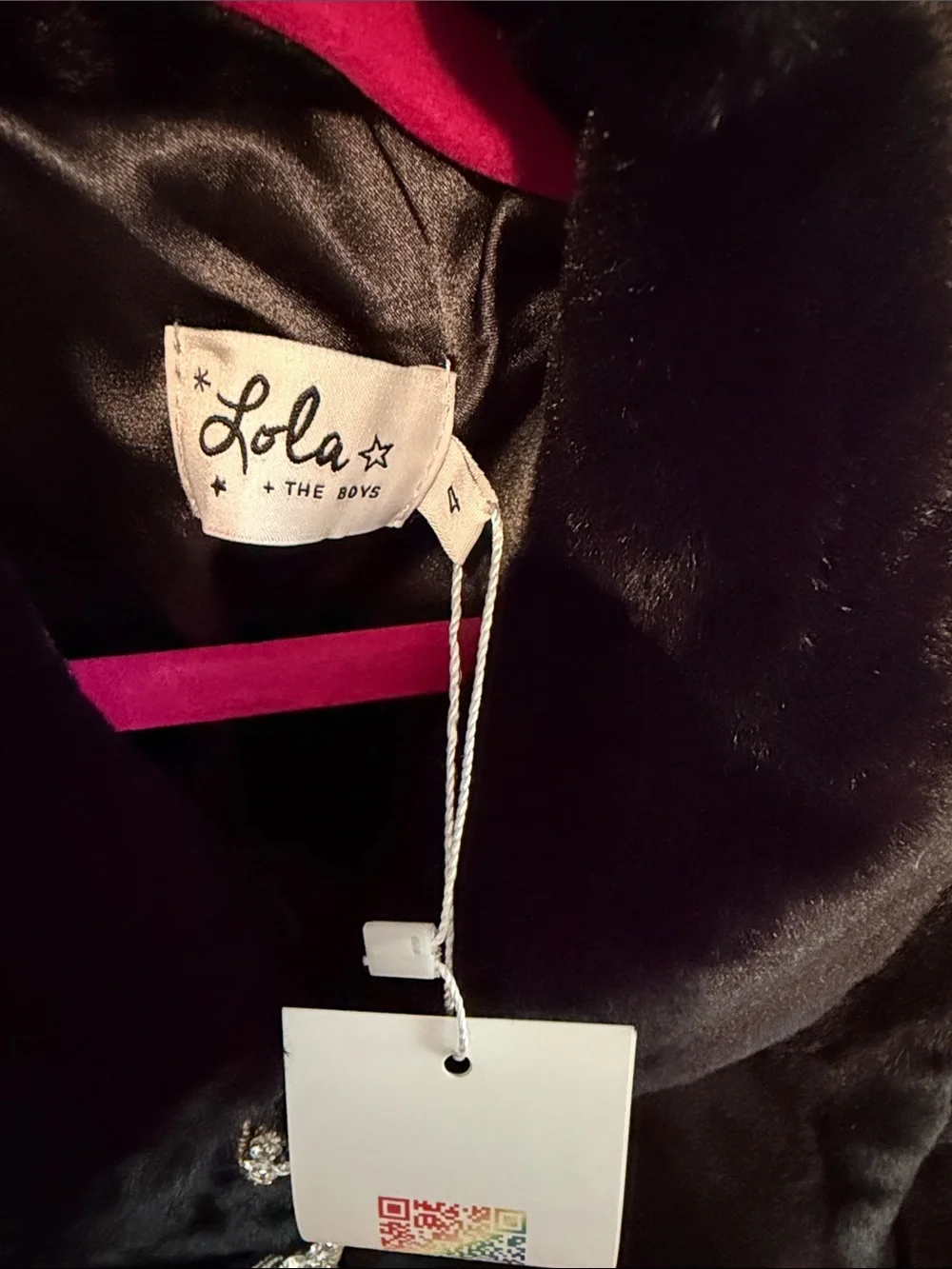 Lola and The Boys Black Faux Fur Coat with Crystal Bow Buttons
